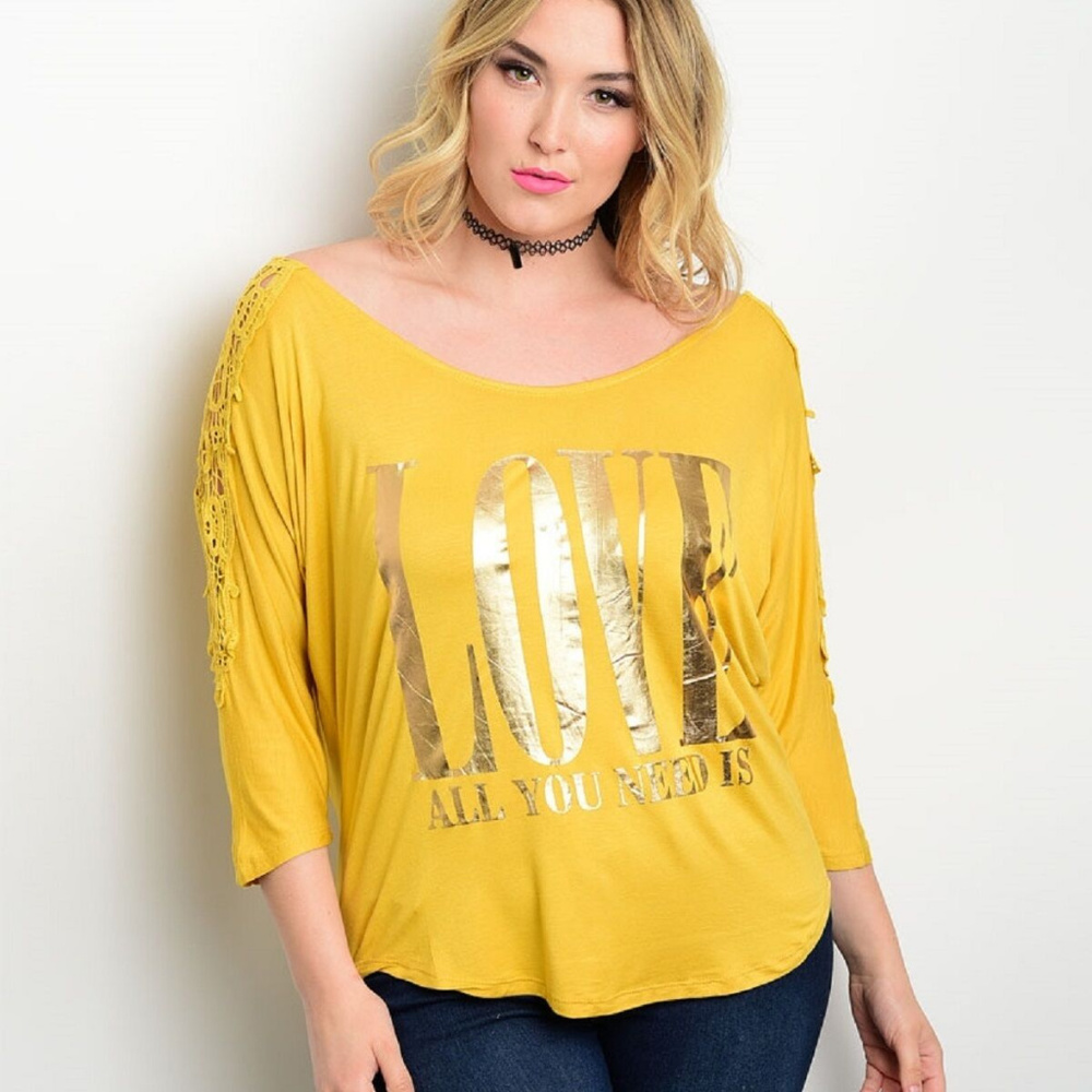 Araza Women's Knit Top Crochet-Lace All You Need Is LOVE Mustard PLUS SIZE 3X
